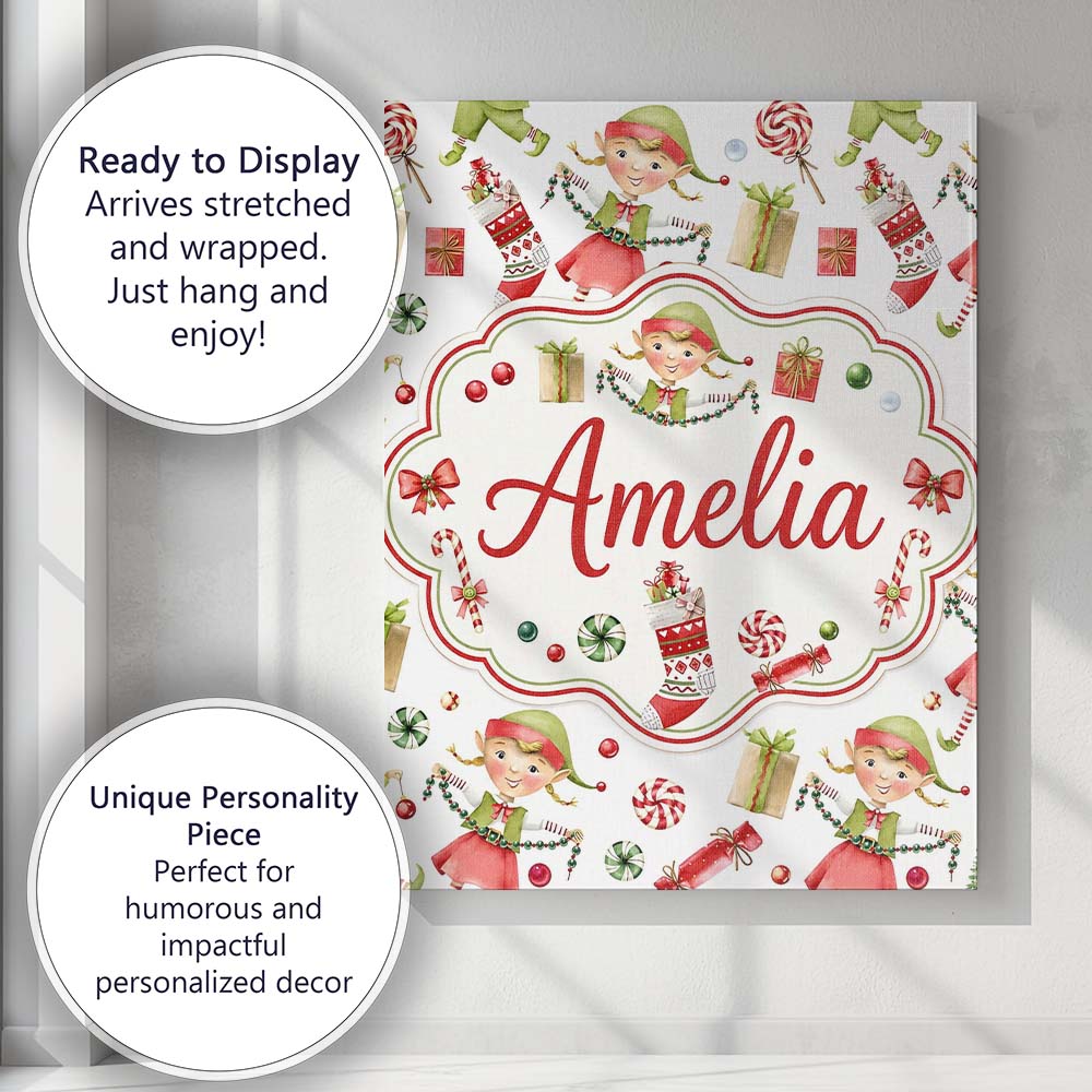 Personalised Name Cute Christmas Elves Custom Modern Room Accent Elegant Feature Canvas Wall Art Print Decor Picture Ready to Hang
