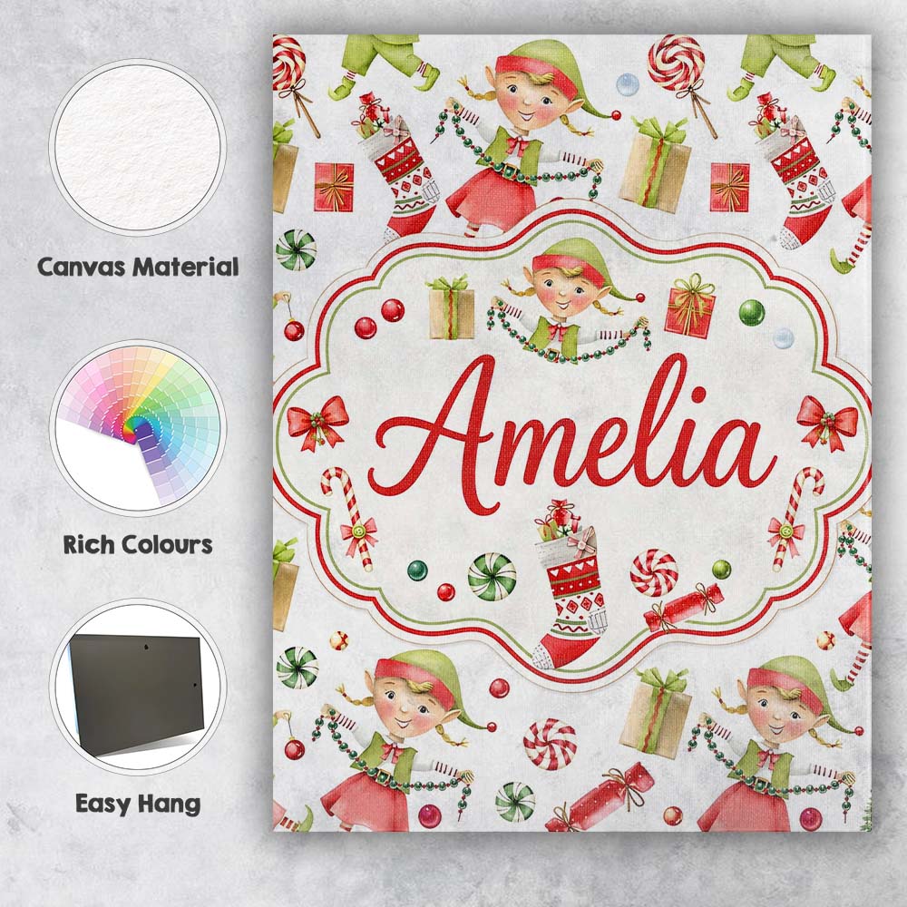 Personalised Name Cute Christmas Elves Custom Modern Room Accent Elegant Feature Canvas Wall Art Print Decor Picture Ready to Hang
