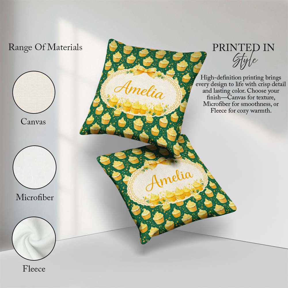 Custom Name Cupcake Dessert Pattern Dark Green Food Illustration Square Filled Cushion Throw Pillow Sofa Bed Home Decor Zip Washable UK Made