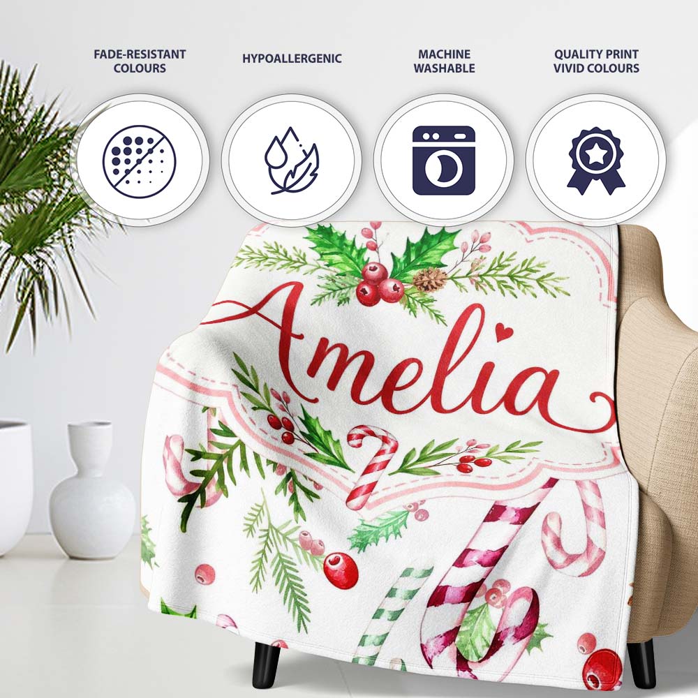 Watercolor Candy Cane Holly Berry Pinecone Christmas Seamless Lovely Personalised Custom Name Super Soft Fleece Blanket Bed Sofa Throw