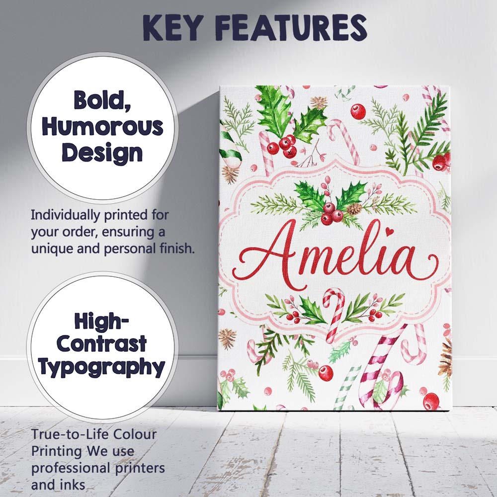 Personalised Name Watercolor Candy Cane Custom Modern Room Accent Elegant Feature Canvas Wall Art Print Decor Picture Ready to Hang