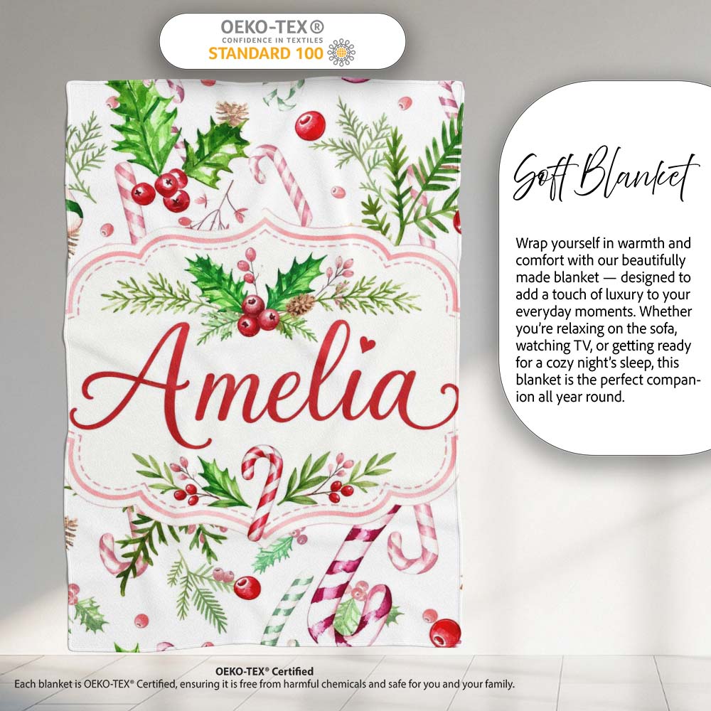 Watercolor Candy Cane Holly Berry Pinecone Christmas Seamless Lovely Personalised Custom Name Super Soft Fleece Blanket Bed Sofa Throw