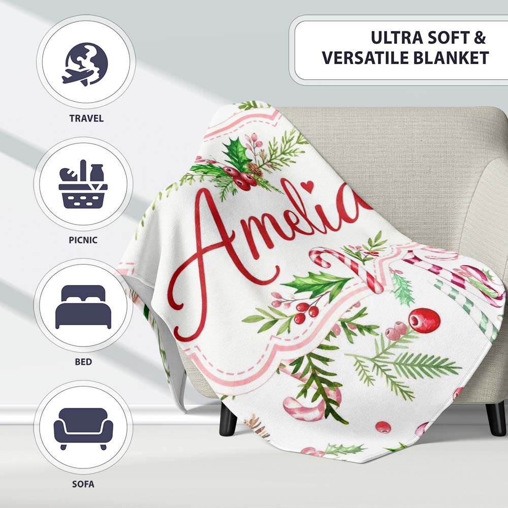 Watercolor Candy Cane Holly Berry Pinecone Christmas Seamless Lovely Personalised Custom Name Super Soft Fleece Blanket Bed Sofa Throw