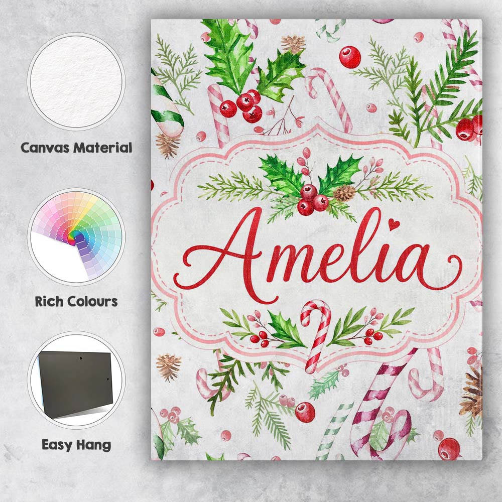 Personalised Name Watercolor Candy Cane Custom Modern Room Accent Elegant Feature Canvas Wall Art Print Decor Picture Ready to Hang