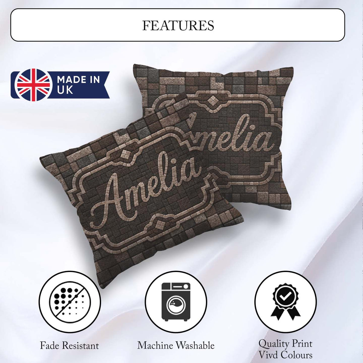 Custom Name Stone Block Mosaic Neutral Texture Seamless Pattern Square Filled Cushion Throw Pillow Sofa Bed Home Decor Zip Washable UK Made
