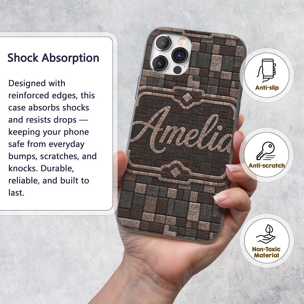 Stone Block Mosaic Neutral Texture Printed Design Custom Name Protective Phone Case Mobile Cover Durable Everyday Smartphone Shock Resistant