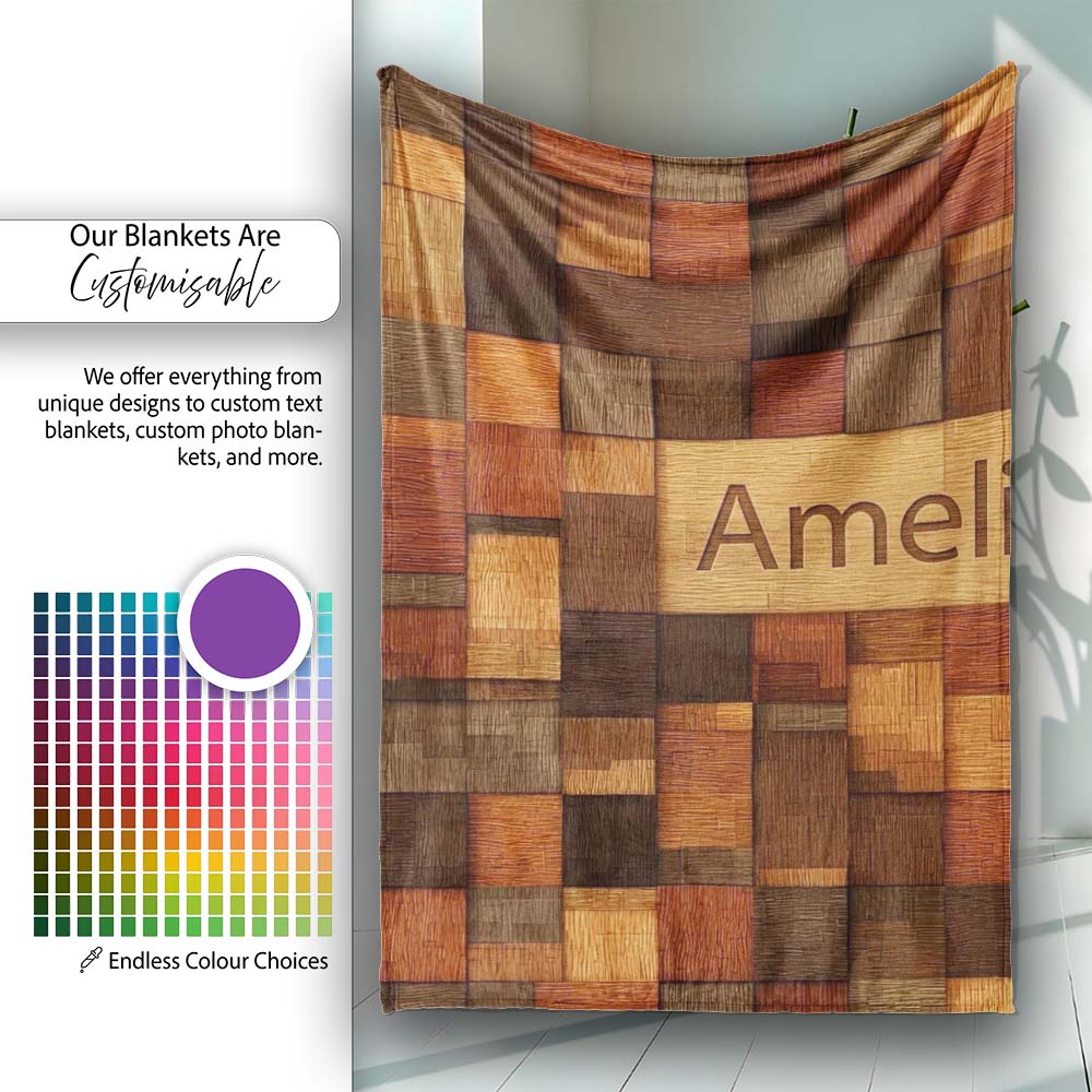 Wooden Parquet Square Texture Seamless Pattern Thoughtful Gift Idea Personalised Custom Name Super Soft Fleece Blanket Bed Sofa Throw