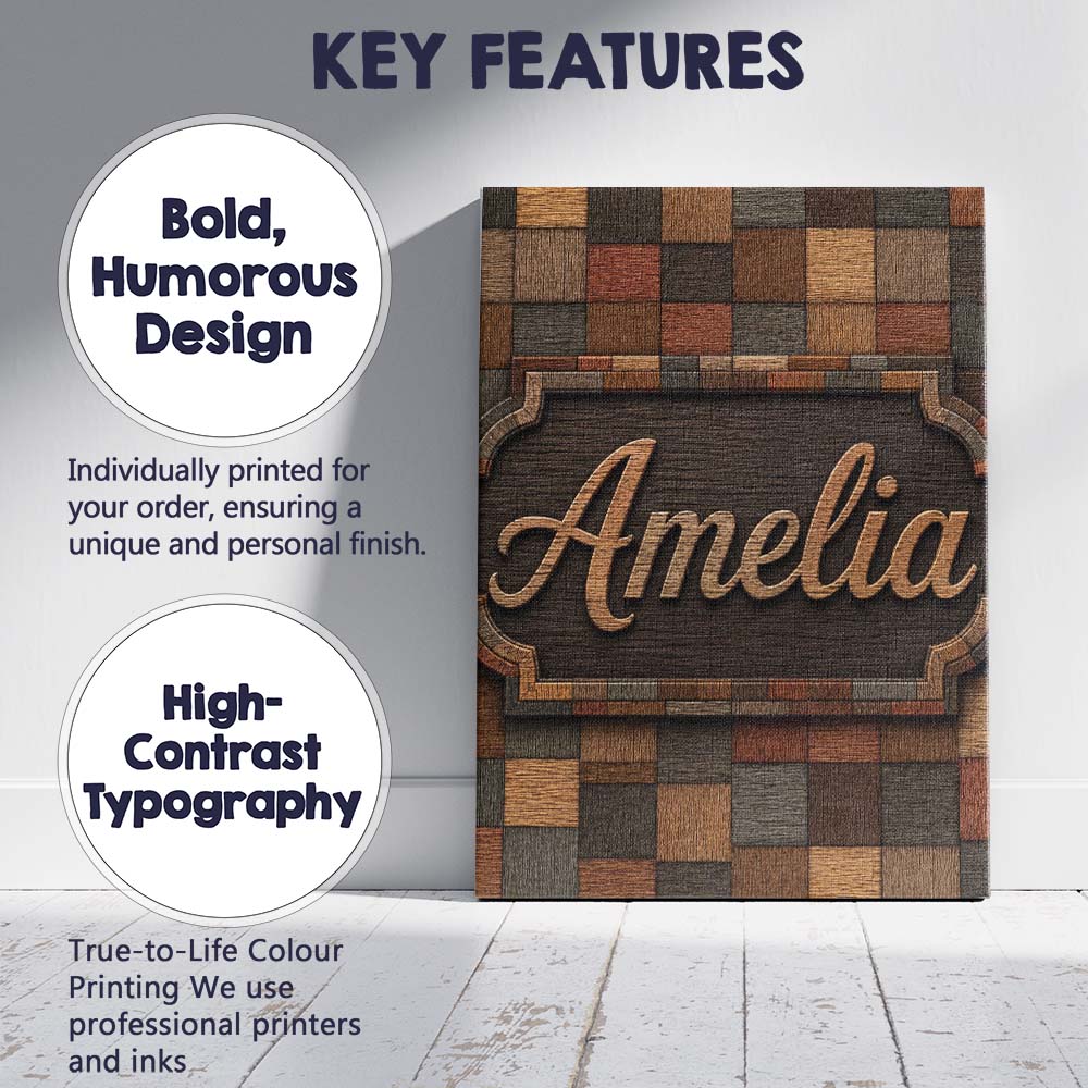 Personalised Name Natural Wooden Square Custom Modern Room Accent Elegant Feature Canvas Wall Art Print Decor Picture Ready to Hang