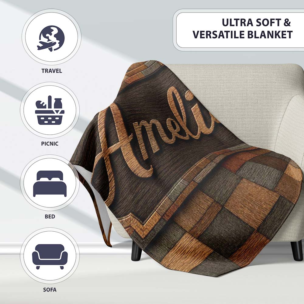 Natural Wooden Square Parquet Texture Seamless Pattern Lovely Personalised Custom Name Super Soft Fleece Blanket Bed Sofa Throw