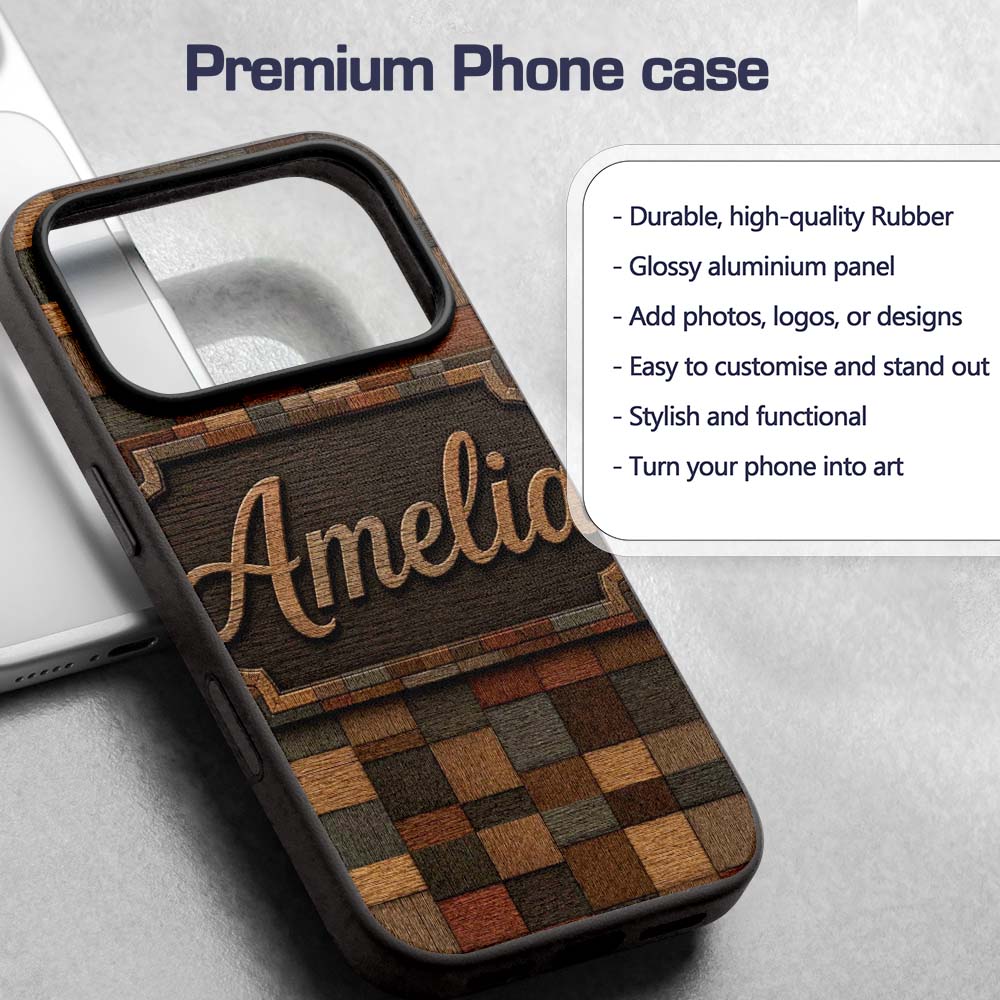 Natural Wooden Square Parquet Texture Seamless Custom Name Protective Phone Case Mobile Cover Durable Everyday Smartphone Shock Resistant