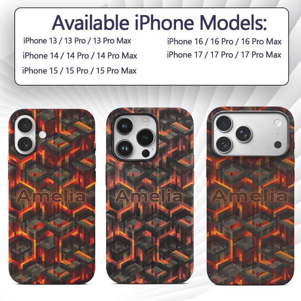 Fiery Lava Cube Geometric Abstract Printed Design Custom Name Protective Phone Case Mobile Cover Durable Everyday Smartphone Shock Resistant