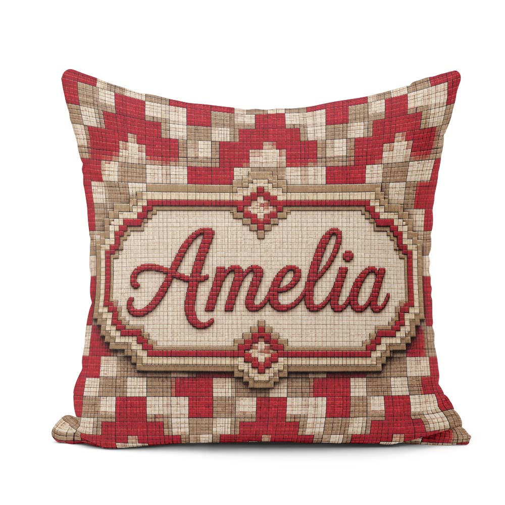 Custom Name Beige Pixel Grid Geometric Abstract Seamless Pattern Square Filled Cushion Throw Pillow Sofa Bed Home Decor Zip Washable UK Made