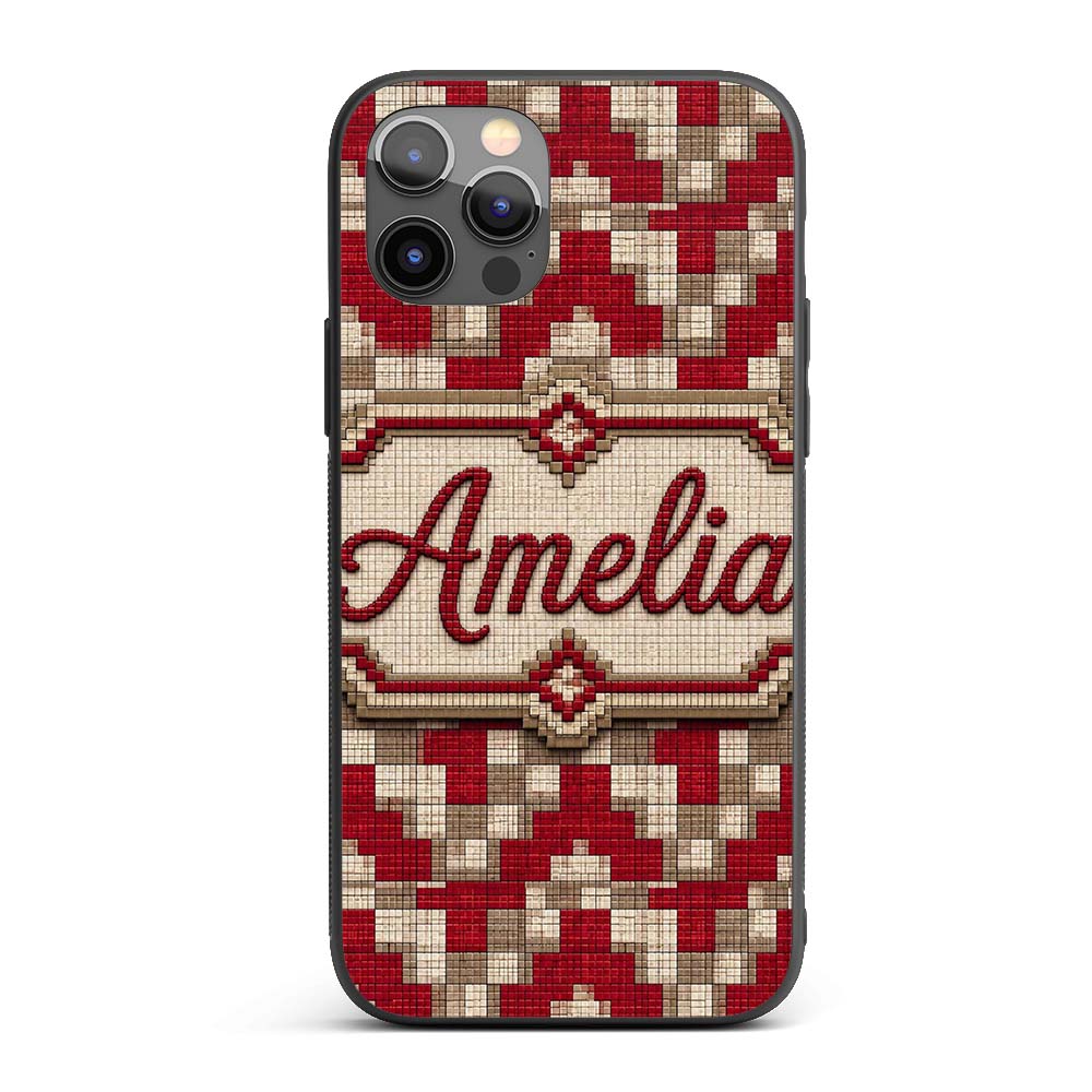 Red Beige Pixel Grid Geometric Abstract Seamless Custom Name Protective Phone Case Mobile Cover Durable Everyday Smartphone Shock Resistant