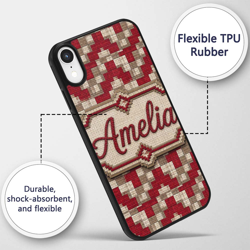 Red Beige Pixel Grid Geometric Abstract Seamless Custom Name Protective Phone Case Mobile Cover Durable Everyday Smartphone Shock Resistant