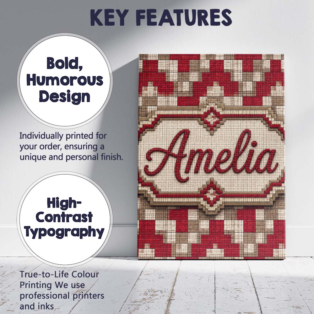 Personalised Name Red Beige Pixel Grid Custom Modern Room Accent Elegant Feature Canvas Wall Art Print Decor Picture Ready to Hang