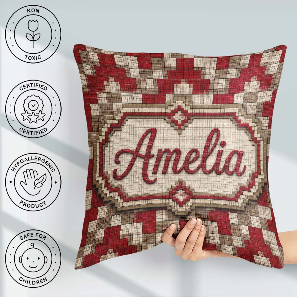 Custom Name Beige Pixel Grid Geometric Abstract Seamless Pattern Square Filled Cushion Throw Pillow Sofa Bed Home Decor Zip Washable UK Made