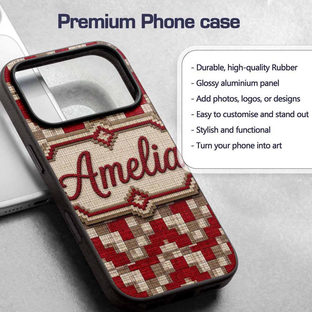 Red Beige Pixel Grid Geometric Abstract Seamless Custom Name Protective Phone Case Mobile Cover Durable Everyday Smartphone Shock Resistant