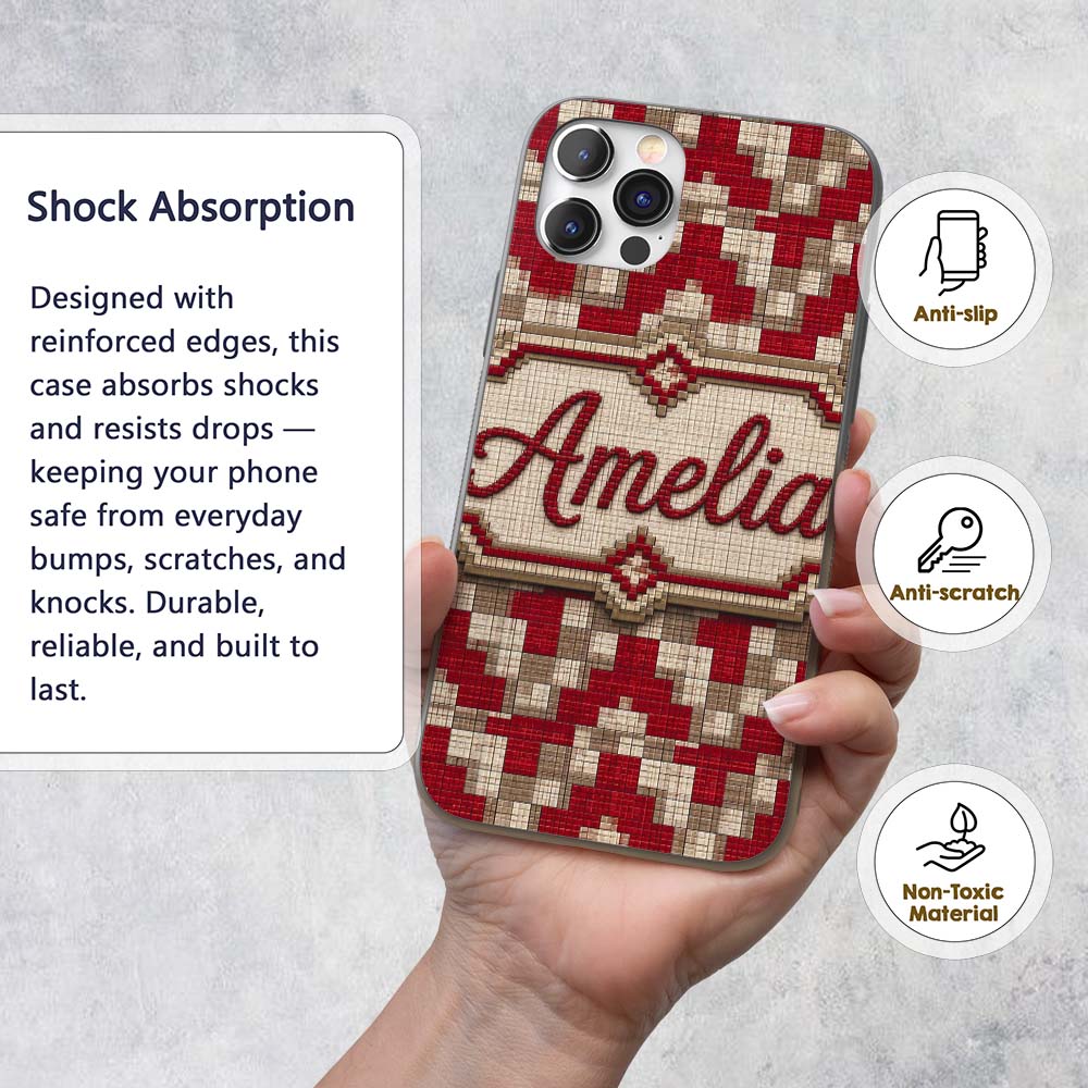 Red Beige Pixel Grid Geometric Abstract Seamless Custom Name Protective Phone Case Mobile Cover Durable Everyday Smartphone Shock Resistant