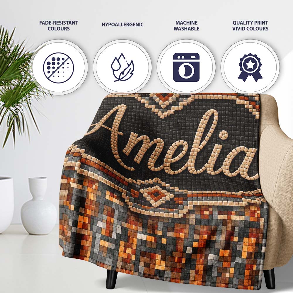 Warm Brown Grey Pixel Mosaic Abstract Seamless Pattern Lovely Personalised Custom Name Super Soft Fleece Blanket Bed Sofa Throw