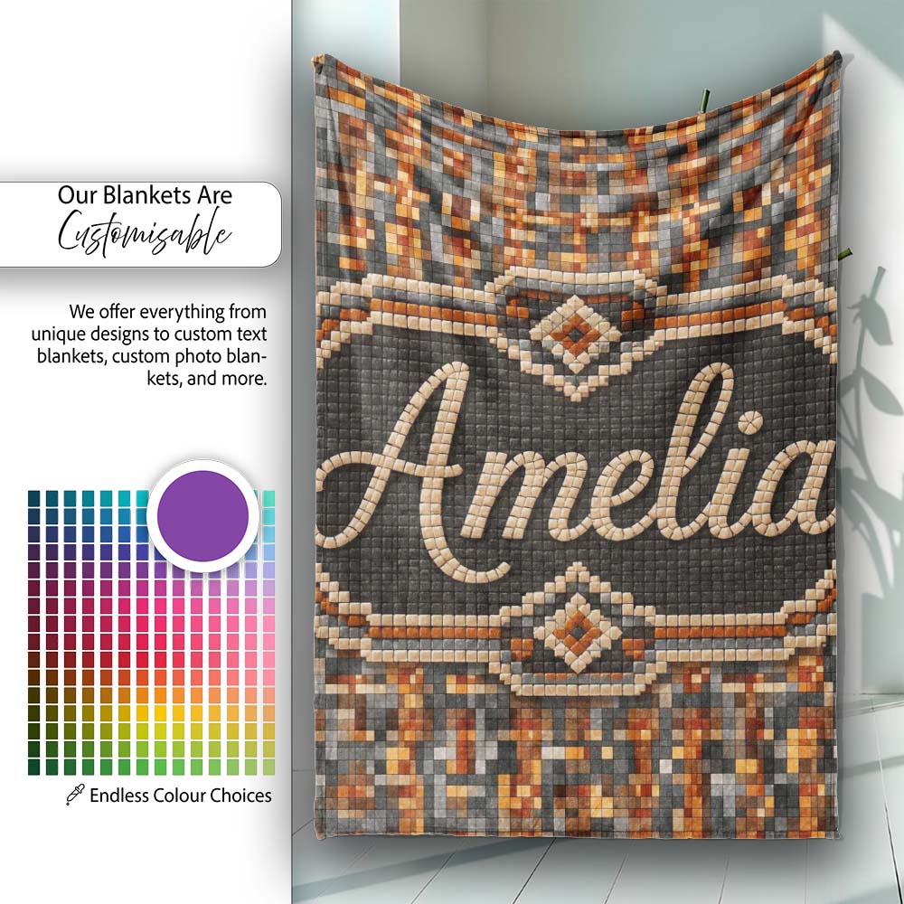 Warm Brown Grey Pixel Mosaic Abstract Seamless Pattern Lovely Personalised Custom Name Super Soft Fleece Blanket Bed Sofa Throw