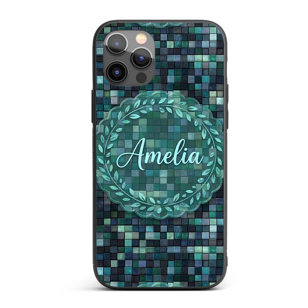 Blue Green Square Tile Mosaic Texture Seamless Custom Name Protective Phone Case Mobile Cover Durable Everyday Smartphone Shock Resistant