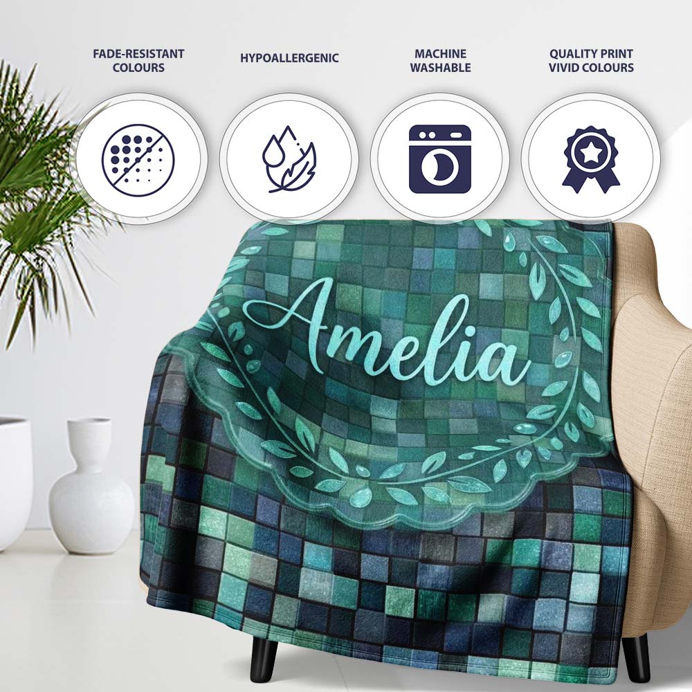 Blue Green Square Tile Mosaic Texture Seamless Pattern Lovely Personalised Custom Name Super Soft Fleece Blanket Bed Sofa Throw