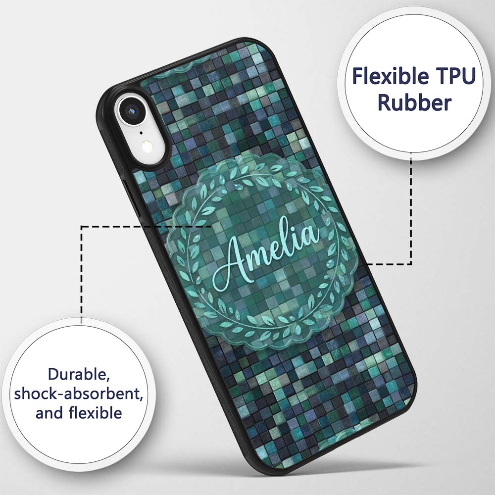 Blue Green Square Tile Mosaic Texture Seamless Custom Name Protective Phone Case Mobile Cover Durable Everyday Smartphone Shock Resistant