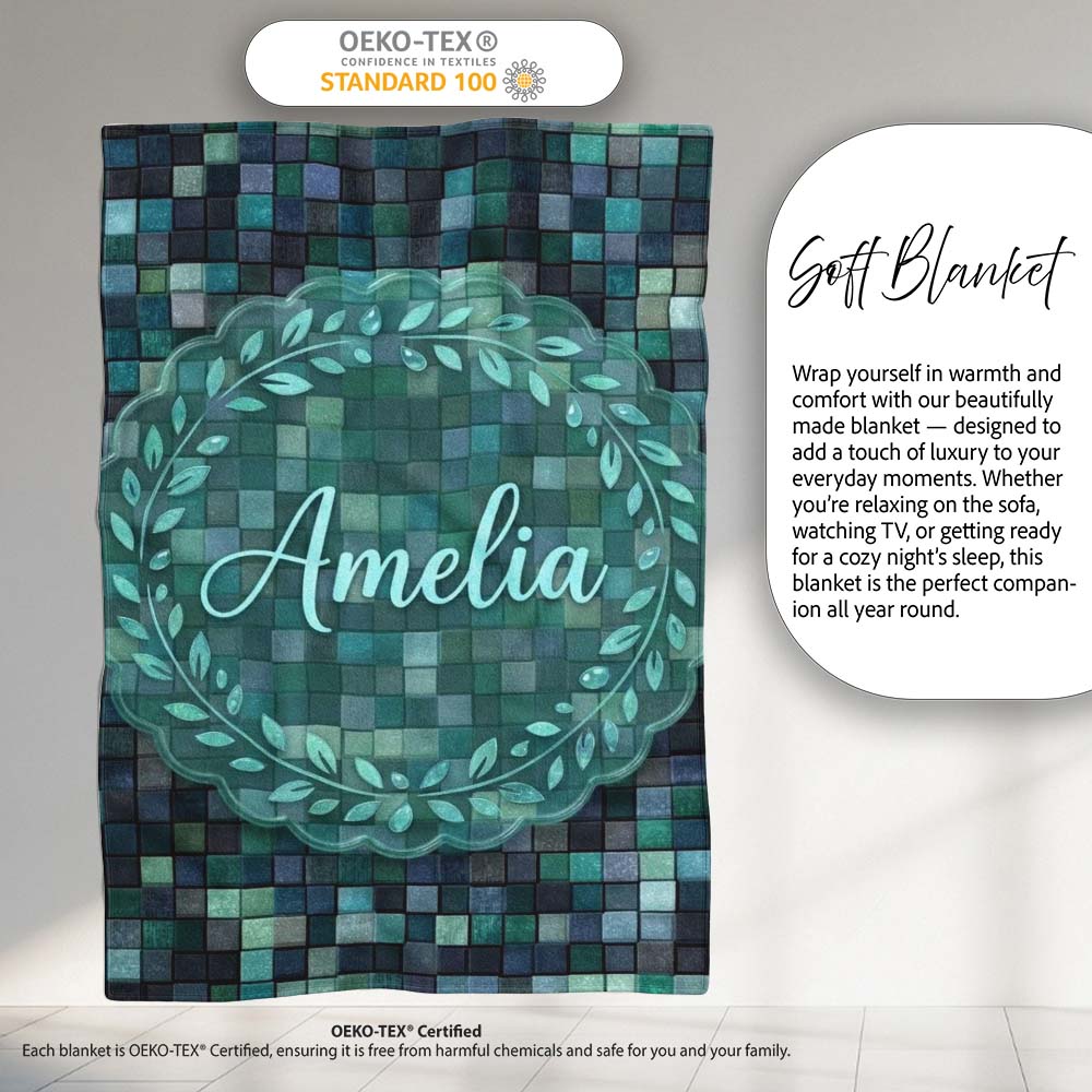 Blue Green Square Tile Mosaic Texture Seamless Pattern Lovely Personalised Custom Name Super Soft Fleece Blanket Bed Sofa Throw