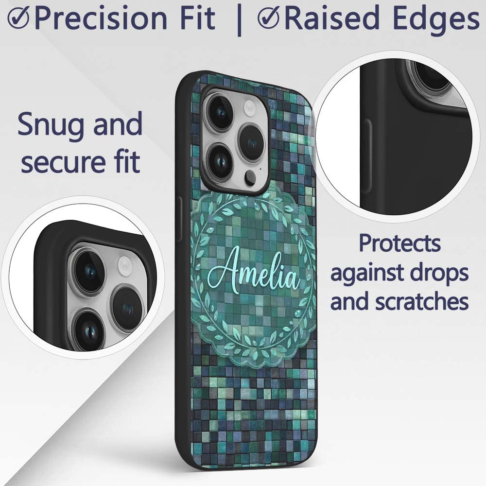 Blue Green Square Tile Mosaic Texture Seamless Custom Name Protective Phone Case Mobile Cover Durable Everyday Smartphone Shock Resistant