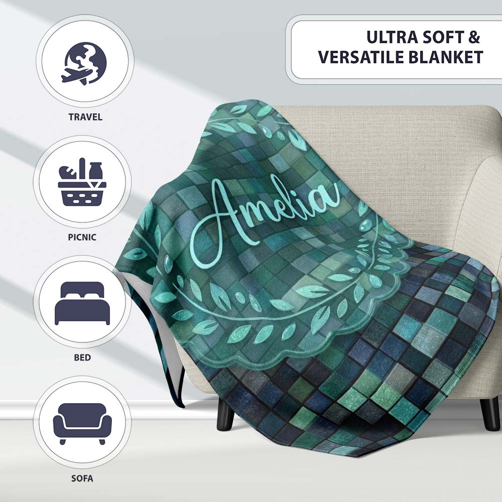 Blue Green Square Tile Mosaic Texture Seamless Pattern Lovely Personalised Custom Name Super Soft Fleece Blanket Bed Sofa Throw