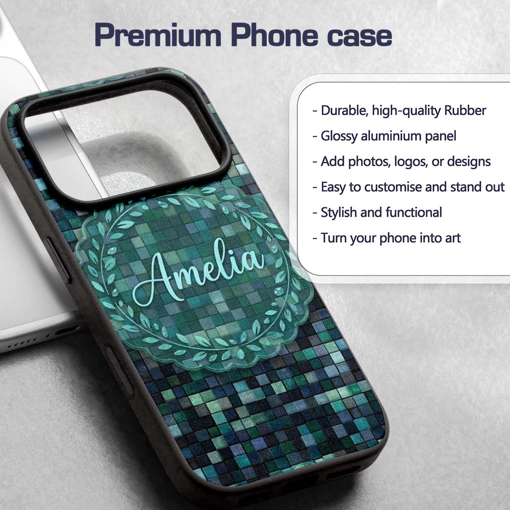 Blue Green Square Tile Mosaic Texture Seamless Custom Name Protective Phone Case Mobile Cover Durable Everyday Smartphone Shock Resistant