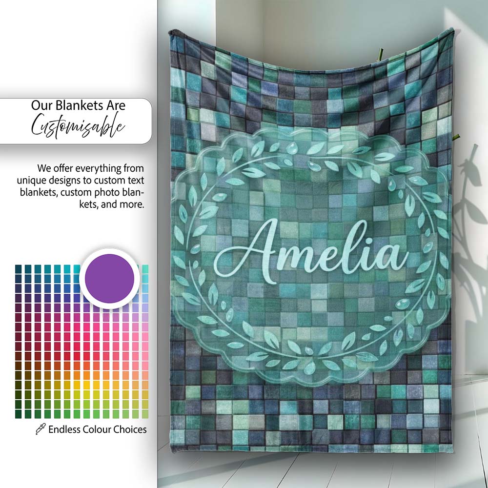 Blue Green Square Tile Mosaic Texture Seamless Pattern Lovely Personalised Custom Name Super Soft Fleece Blanket Bed Sofa Throw