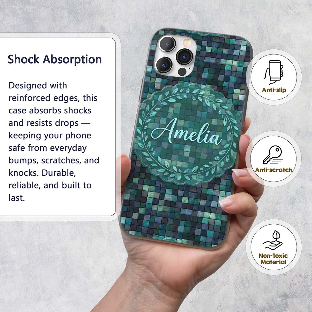 Blue Green Square Tile Mosaic Texture Seamless Custom Name Protective Phone Case Mobile Cover Durable Everyday Smartphone Shock Resistant