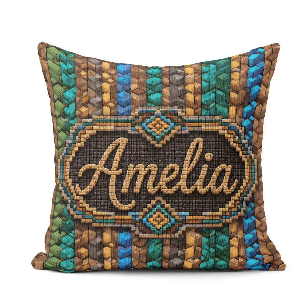 Custom Name Teal Brown Blue Vertical Abstract Seamless Pattern Square Filled Cushion Throw Pillow Sofa Bed Home Decor Zip Washable UK Made