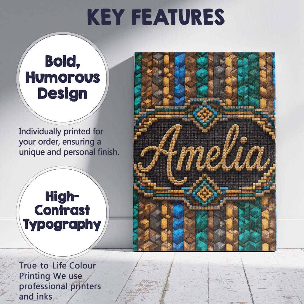 Personalised Name Teal Brown Blue Vertical Custom Unique Gift Idea Elegant Feature Canvas Wall Art Print Decor Picture Ready to Hang