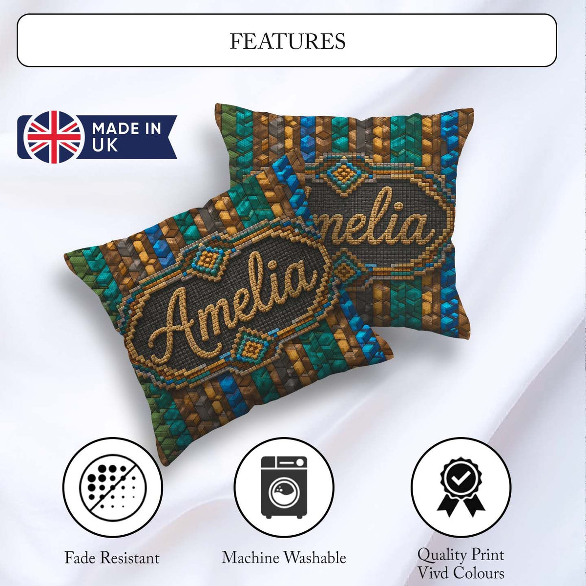 Custom Name Teal Brown Blue Vertical Abstract Seamless Pattern Square Filled Cushion Throw Pillow Sofa Bed Home Decor Zip Washable UK Made