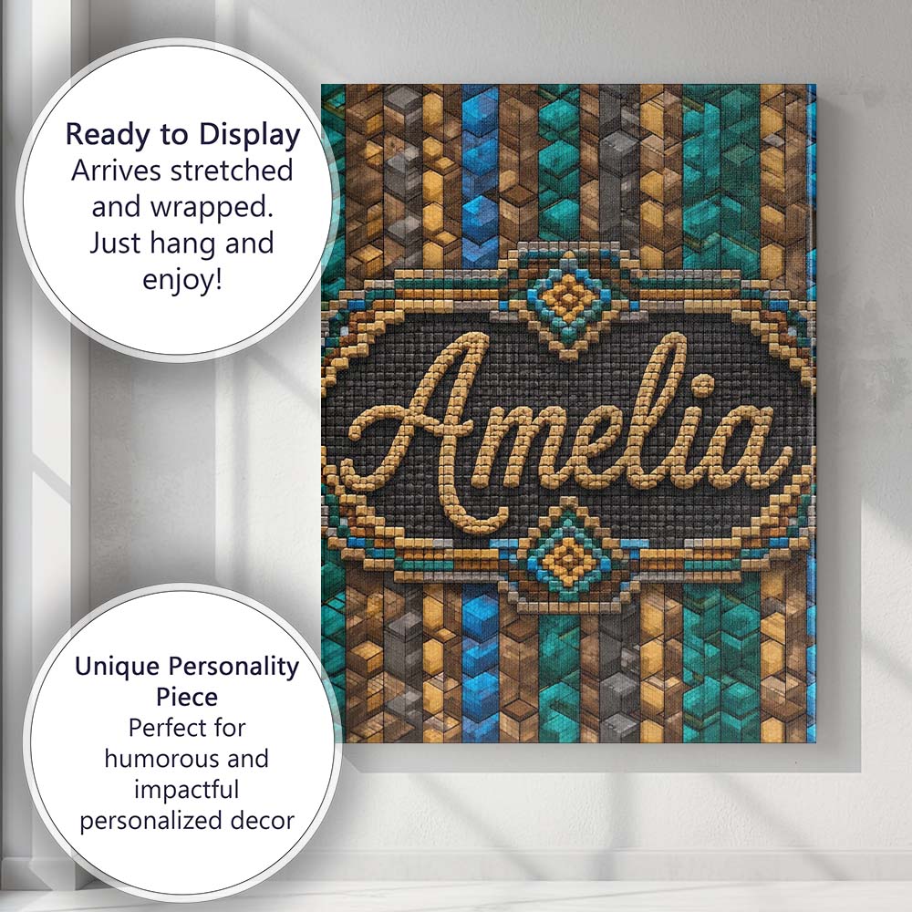 Personalised Name Teal Brown Blue Vertical Custom Unique Gift Idea Elegant Feature Canvas Wall Art Print Decor Picture Ready to Hang