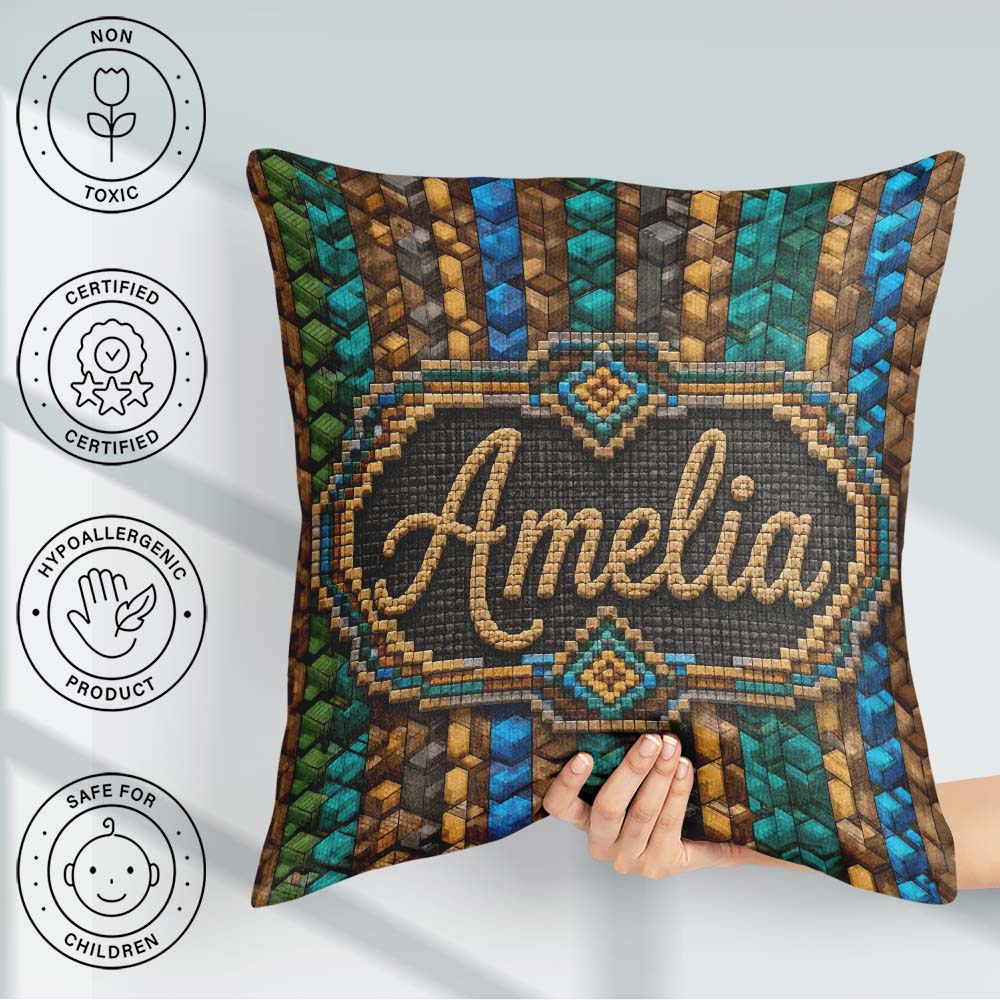 Custom Name Teal Brown Blue Vertical Abstract Seamless Pattern Square Filled Cushion Throw Pillow Sofa Bed Home Decor Zip Washable UK Made