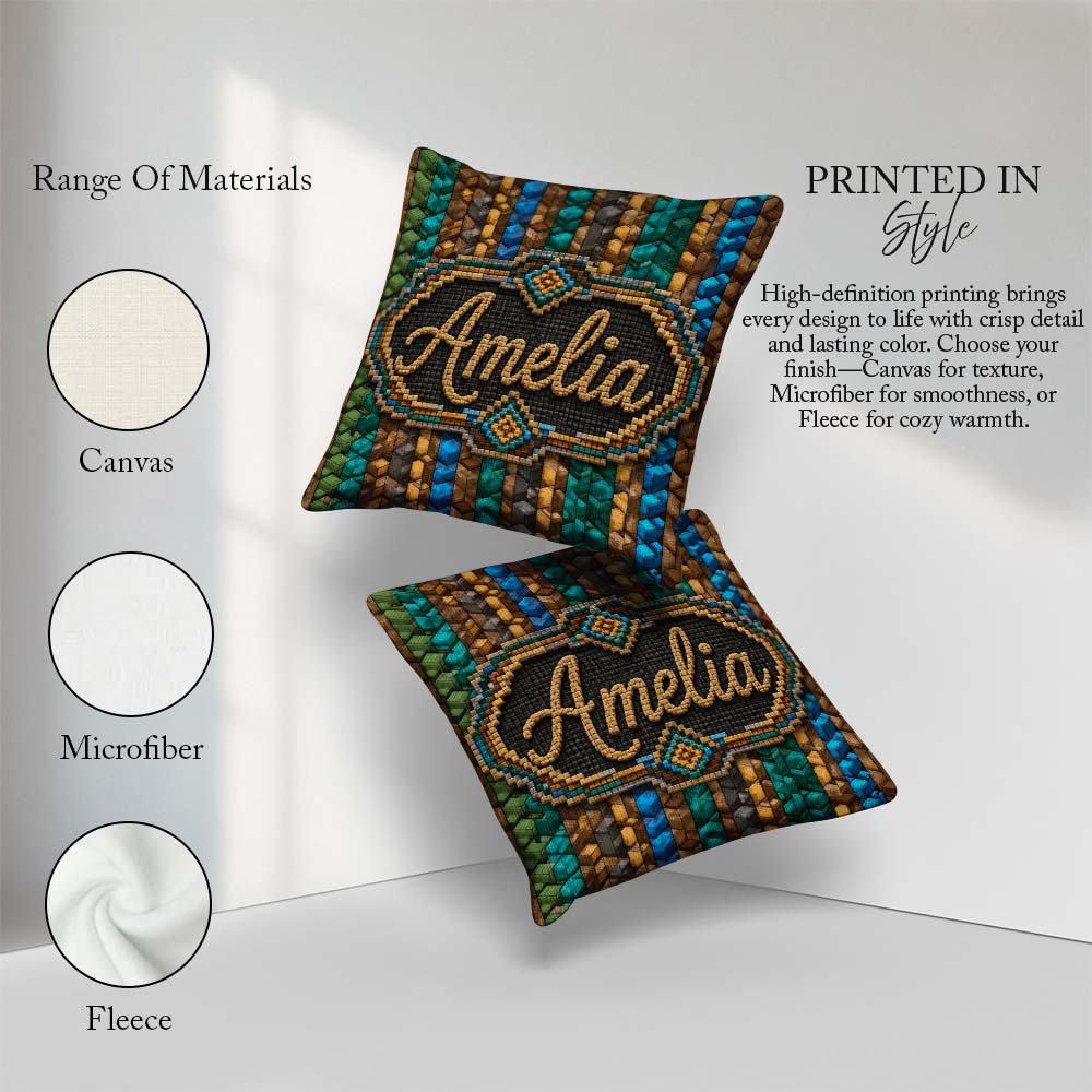 Custom Name Teal Brown Blue Vertical Abstract Seamless Pattern Square Filled Cushion Throw Pillow Sofa Bed Home Decor Zip Washable UK Made