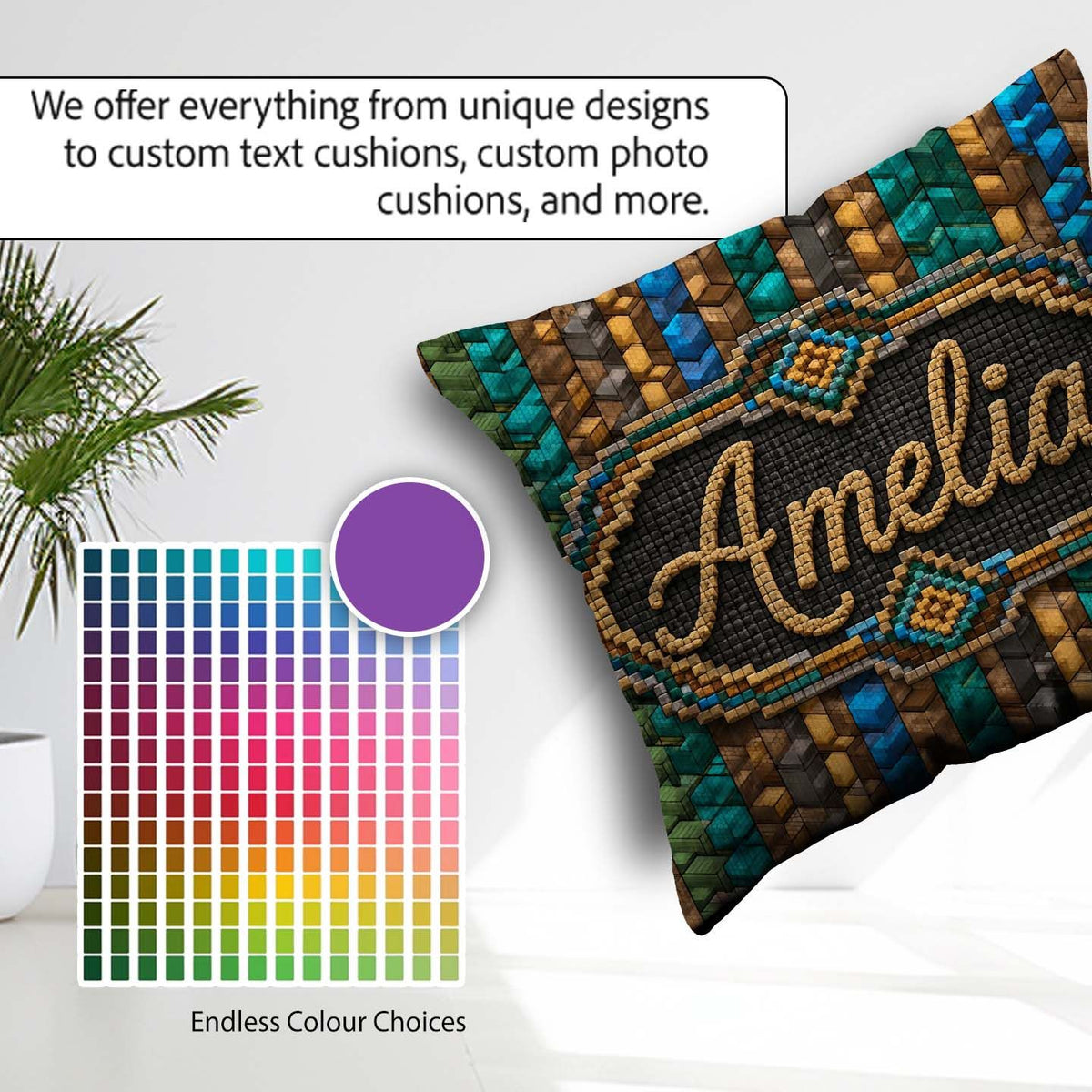 Custom Name Teal Brown Blue Vertical Abstract Seamless Pattern Square Filled Cushion Throw Pillow Sofa Bed Home Decor Zip Washable UK Made