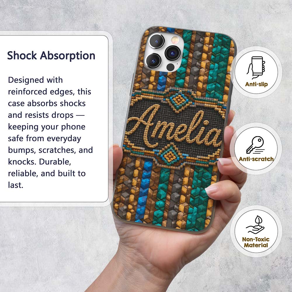 Teal Brown Blue Vertical Cube Abstract Seamless Custom Name Protective Phone Case Mobile Cover Durable Everyday Smartphone Shock Resistant