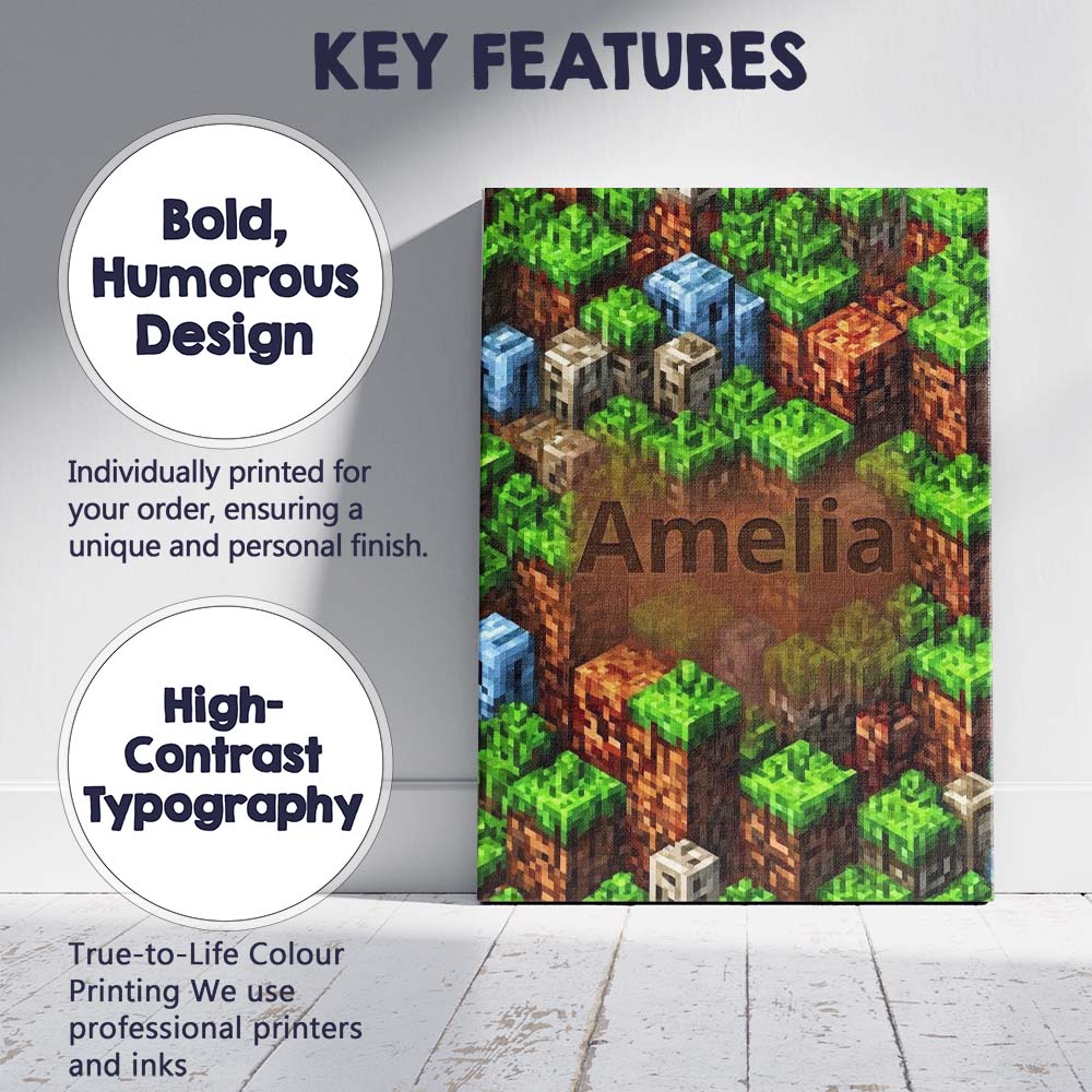 Personalised Name Minecraft Style Grass Custom Modern Room Accent Elegant Feature Canvas Wall Art Print Decor Picture Ready to Hang