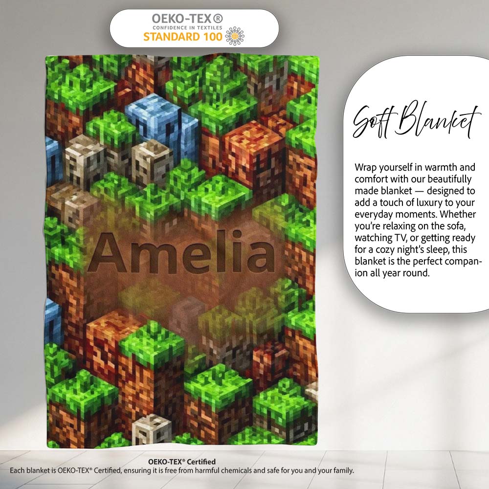 Minecraft Style Grass Dirt Blocks Landscape Seamless Pattern Lovely Personalised Custom Name Super Soft Fleece Blanket Bed Sofa Throw