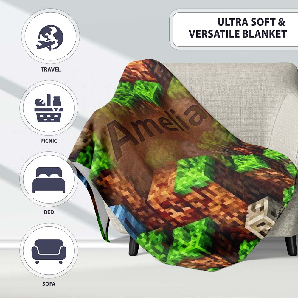 Minecraft Style Grass Dirt Blocks Landscape Seamless Pattern Lovely Personalised Custom Name Super Soft Fleece Blanket Bed Sofa Throw