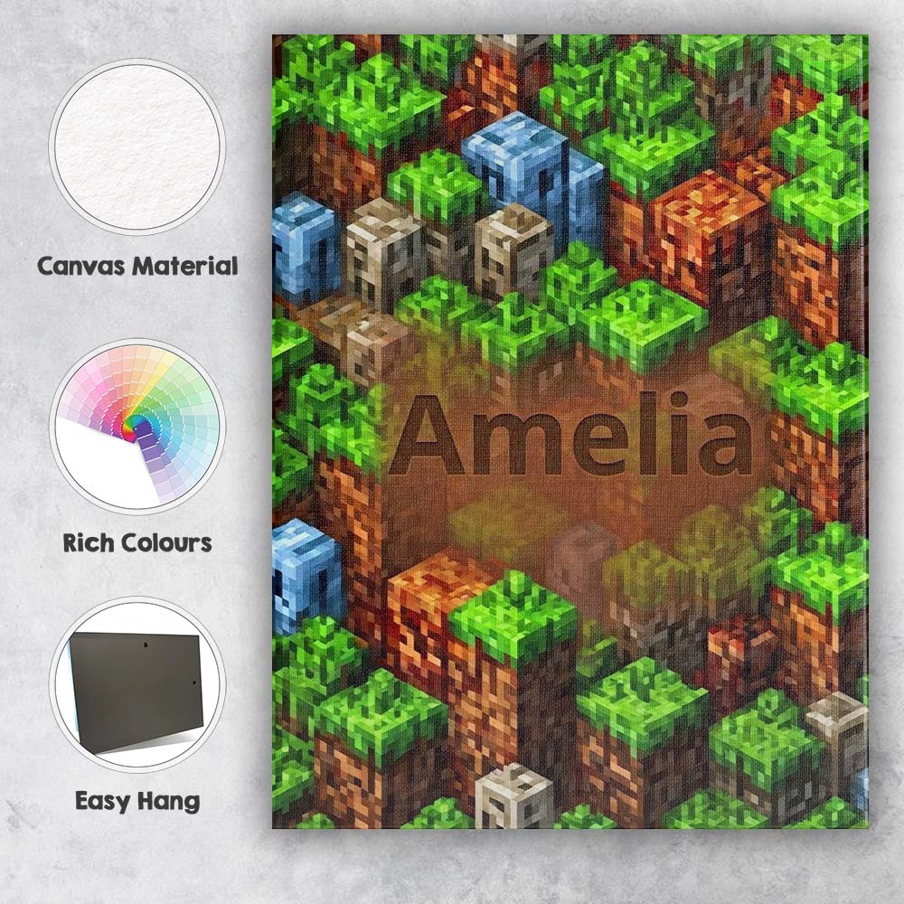 Personalised Name Minecraft Style Grass Custom Modern Room Accent Elegant Feature Canvas Wall Art Print Decor Picture Ready to Hang