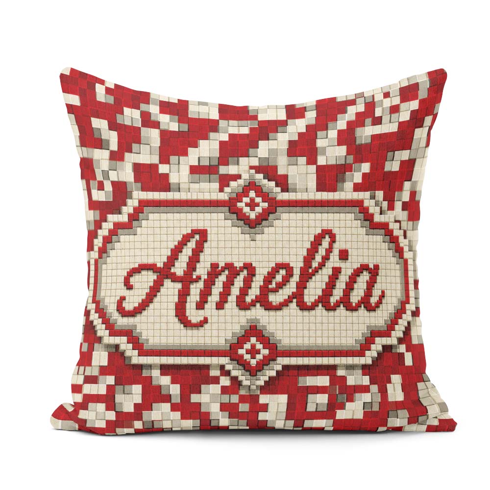 Custom Name Red White Pixel Geometric Abstract Seamless Pattern Square Filled Cushion Throw Pillow Sofa Bed Home Decor Zip Washable UK Made