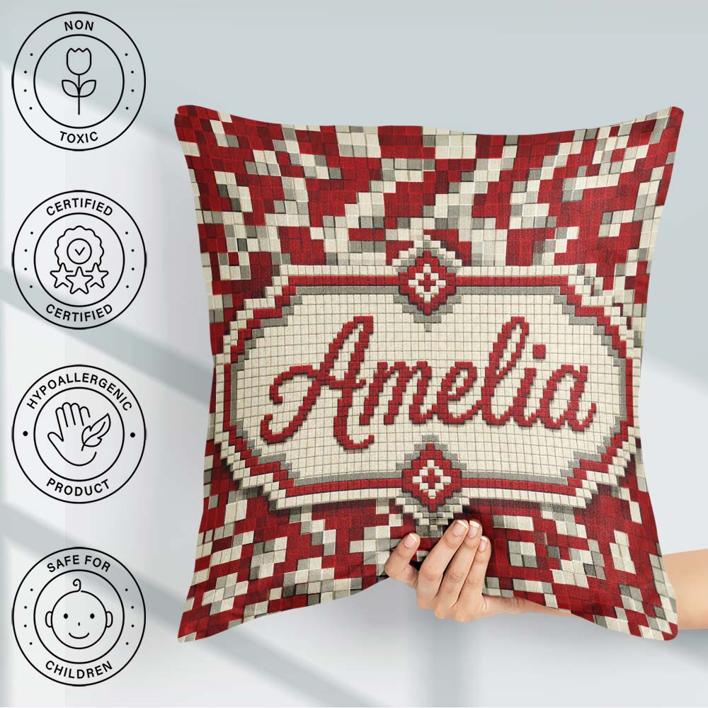 Custom Name Red White Pixel Geometric Abstract Seamless Pattern Square Filled Cushion Throw Pillow Sofa Bed Home Decor Zip Washable UK Made