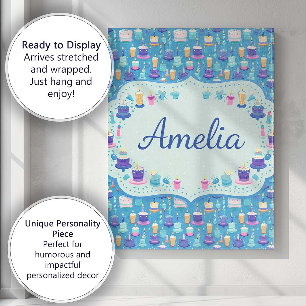 Personalised Name Yellow Floral Cake Seamless Pattern Botanical Custom Statement Canvas Wall Art Print Decor Picture Ready to Hang