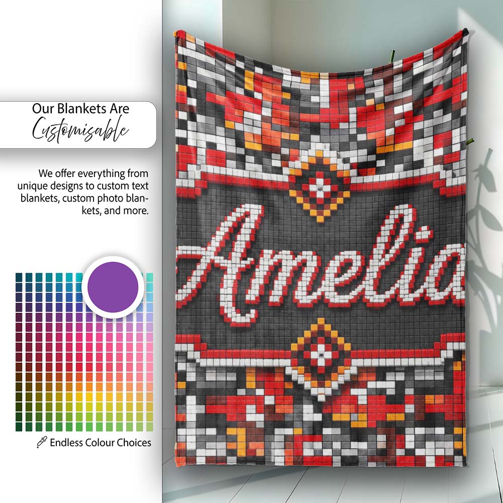 Red Black Grey Pixelated Abstract Mosaic Seamless Pattern Lovely Personalised Custom Name Super Soft Fleece Blanket Bed Sofa Throw