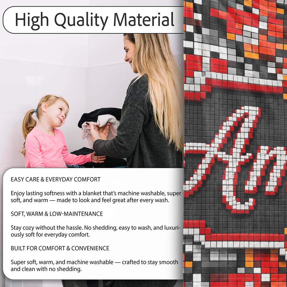 Red Black Grey Pixelated Abstract Mosaic Seamless Pattern Lovely Personalised Custom Name Super Soft Fleece Blanket Bed Sofa Throw